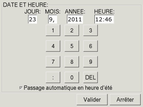 Écran réglage heure et date