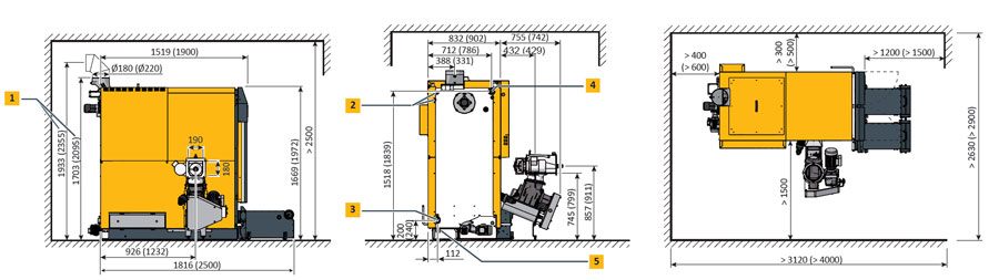 Chaudière à bois déchiqueté/pellets ETA HACK 110 à 200 kW plan technique