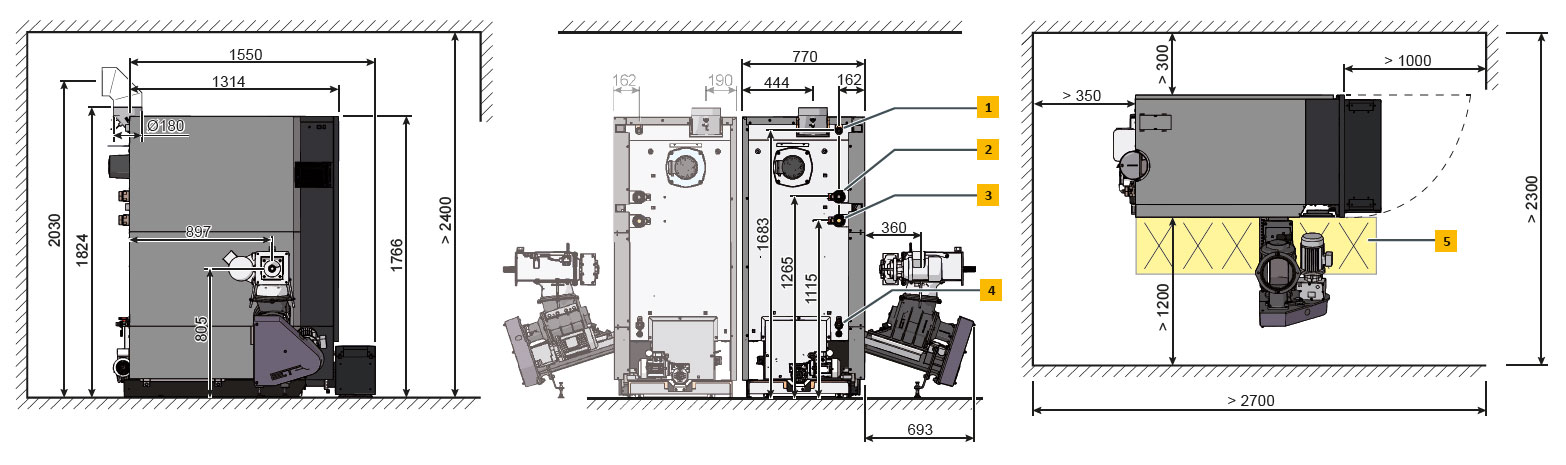 Chaudière à bois déchiqueté/pellets ETA eHACK 50 à 80 kW plan technique