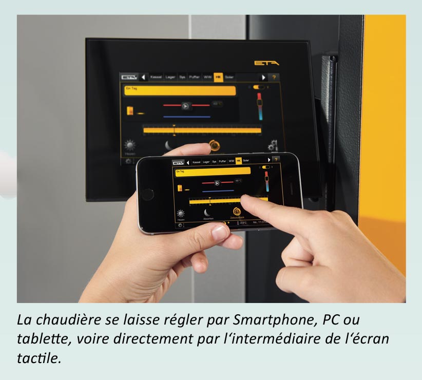 Ballons tampons et modules hydrauliques ETA La chaudiere se laisse regler par Smartphone PC ou tablette